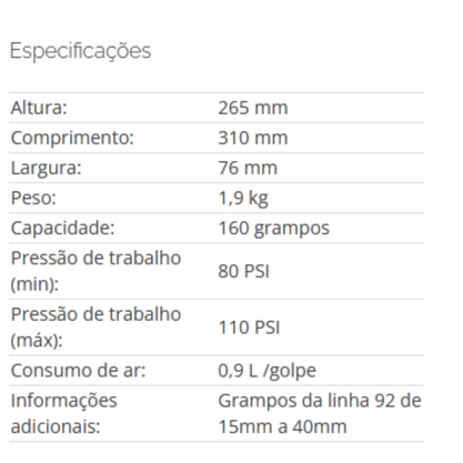 Grampeador Pneumático  Capacidade De 160 grampos 14/30 Pacar